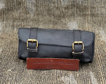 Handmade Black Leather Motorcycle Fork Bag: Saddle Tool Pouch