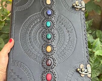 Leather Folder Chakra 7 Stone Embossed A4 Paper Holder Leather Binding Paper Organisers Leather Binding Cover Leather Grimoire Binder Office