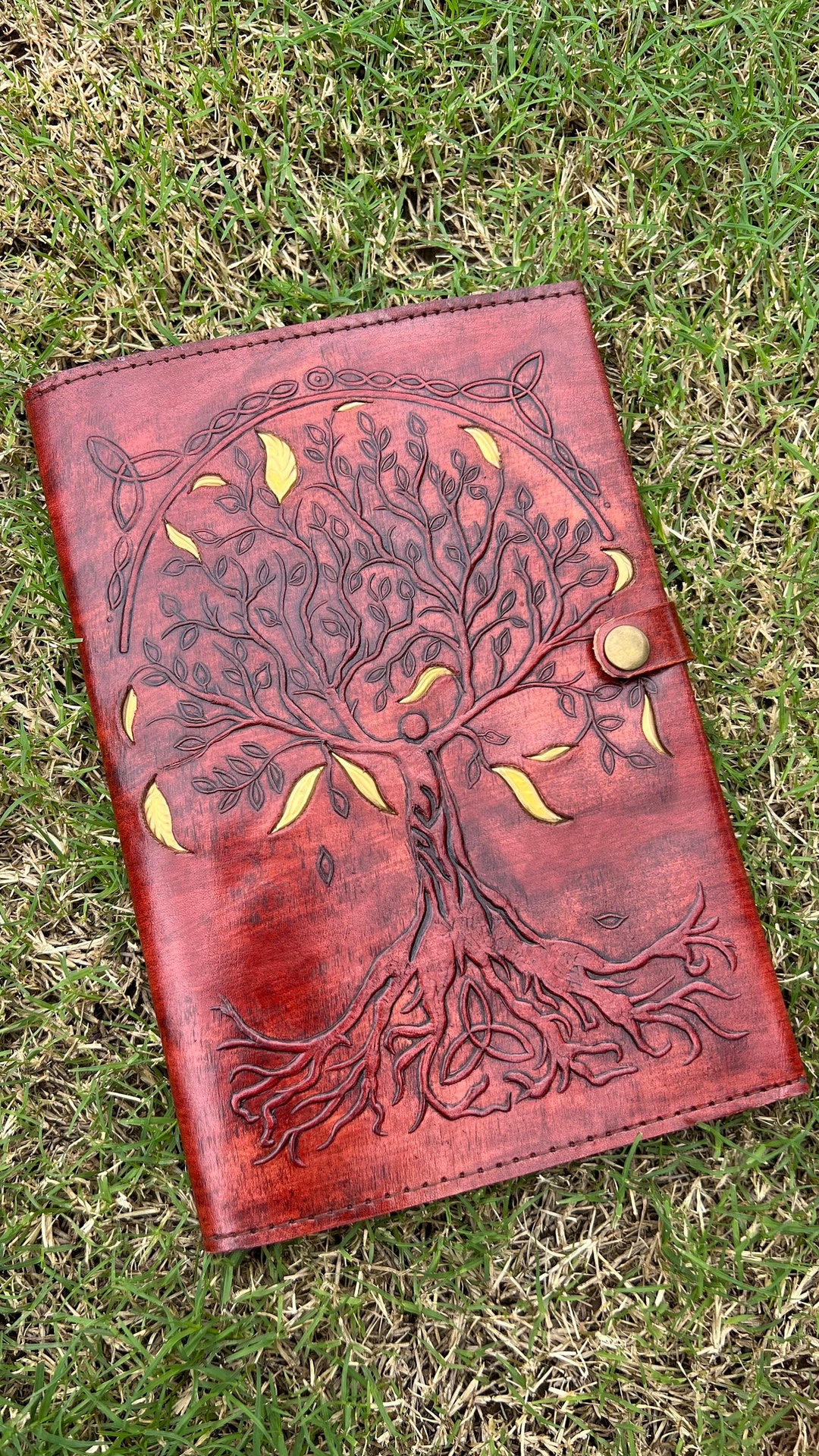Tree of Life Gold Leaves Embossed Handmade Leather Journal Bound