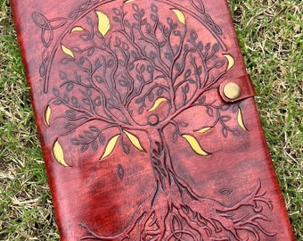 Tree Of Life Gold leaves Embossed Handmade Leather Journal Bound College  Notebook Office Diary Sketchbook Writing Blank Book Journal 6X9