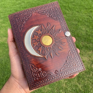 Diario in pelle fatto a mano, diario sole e luna, taccuino per schizzi, diario da ufficio, rilegato in pelle, carta con bordo frastagliato, regalo ideale per lui/lei