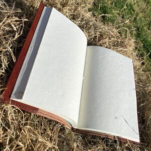 May include: A brown leather-bound journal with blank white pages is open and lying on a bed of dry straw.
