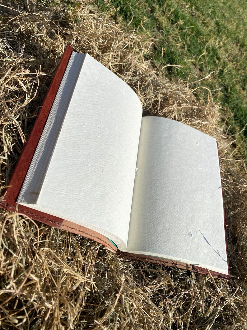 May include: A brown leather-bound journal with blank white pages is open and lying on a bed of dry straw.