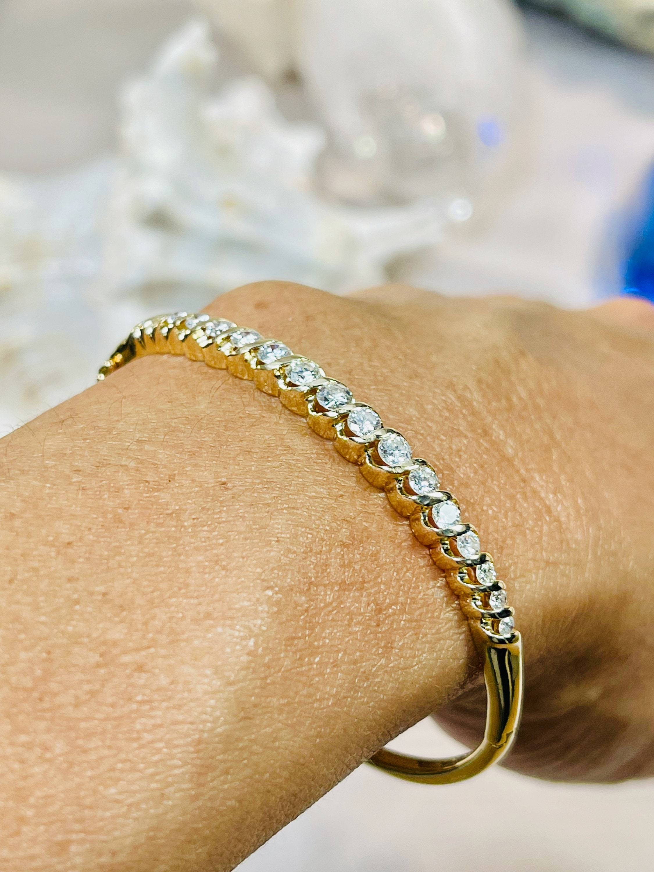 14k Solid Gold Bangle with 17 Round Brilliant Diamonds 1.28 Etsy