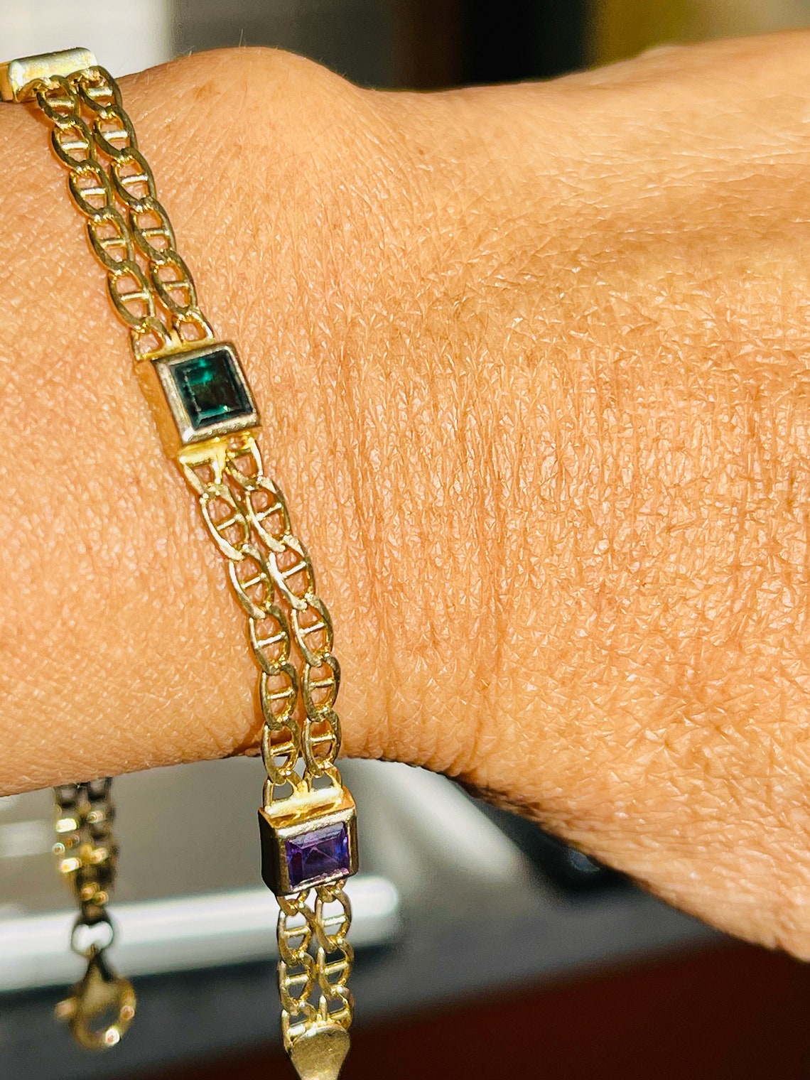 10k Solid Real Gold Bracelet with 5 Square Gemstones Etsy