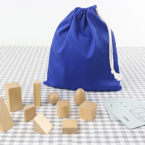 Montessori mystery bag with 10 wooden shapes and flash cards, Stereognostic bag, 3D wooden shapes, 3D matching, home school image 1