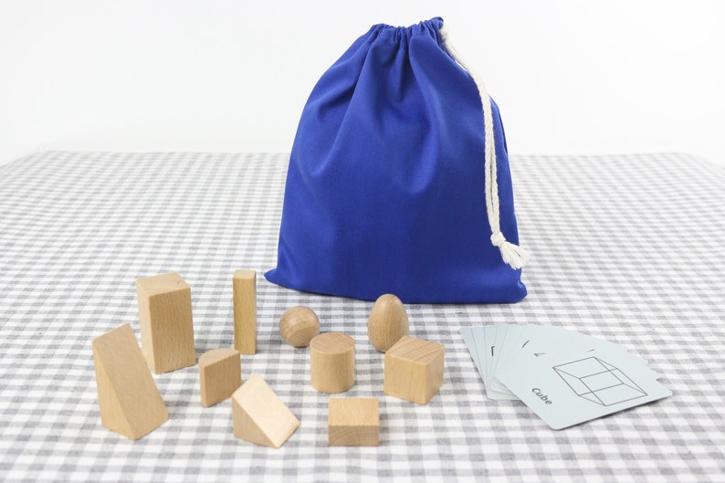 Montessori mystery bag with 10 wooden shapes and flash cards, Stereognostic bag, 3D wooden shapes, 3D matching, home school image 1