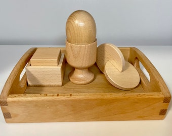 Montessori Beechwood Toy Set: Egg & Cup, Cube, Interlocking Discs