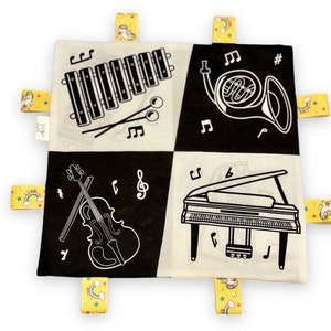 Black and white sensory crinkle taggy with musical instrument patterns, baby black and white toy, sensory toy, Montessori inspired material