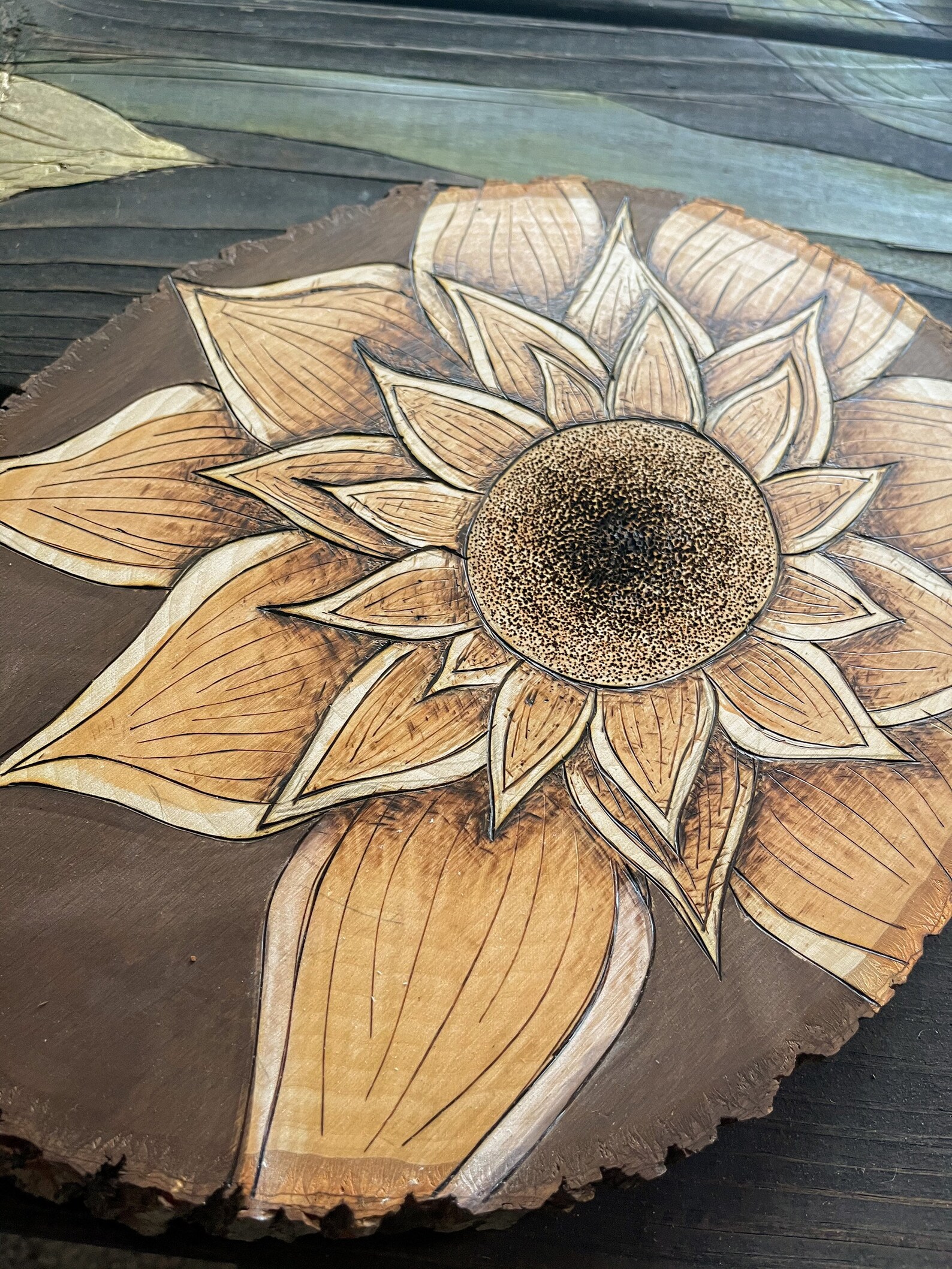 Sunflower wood burned wooden round Etsy