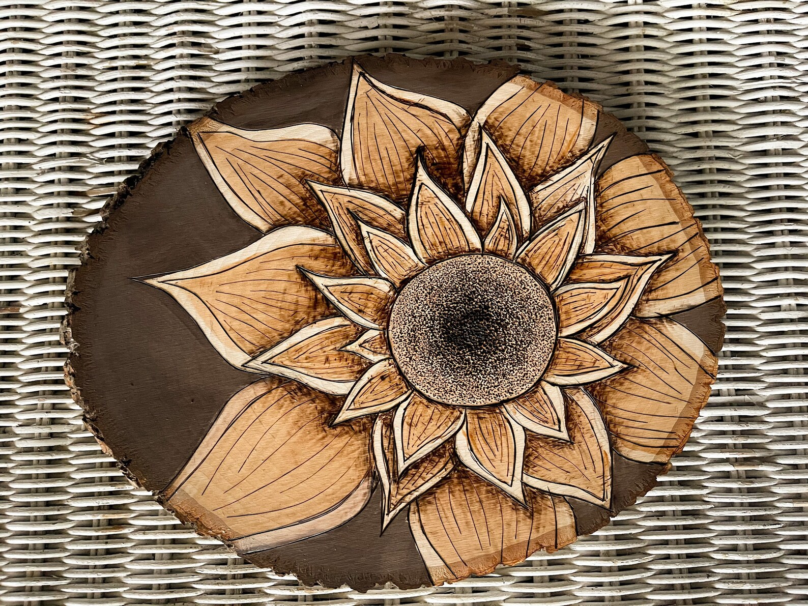 Sunflower wood burned wooden round Etsy