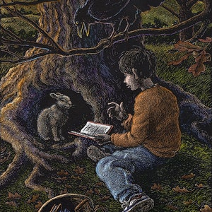 Reading to Rabbits and Ravens, Giclee print from original watercolor and scratch board drawing