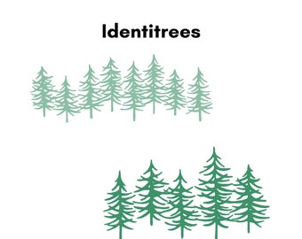 Puede incluir: Tres filas de pinos estilizados verdes, con la palabra "Identitrees" sobre la fila superior.