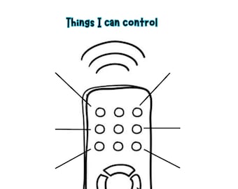 Puede incluir: Una ilustración en blanco y negro de un mando a distancia con botones y un dial circular. El texto "Things I can control" está en la parte superior de la imagen. El texto "How I can "turn down the volume" of negative thoughts" está en el lado izquierdo de la imagen. El texto "How I can "change the channel" in my mind when I feel out of control" está en el lado derecho de la imagen.