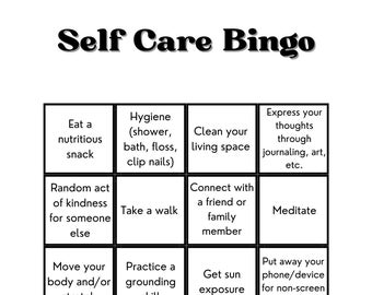 Puede incluir: Un cartón de bingo de autocuidado con 25 casillas, cada una con una actividad de autocuidado diferente. Las actividades incluyen comer un refrigerio nutritivo, dar un paseo, practicar una habilidad de conexión a tierra y meditar.