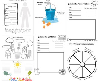 Puede incluir: Hojas de trabajo imprimibles en blanco y negro para niños para ayudarlos a explorar sus sentimientos, construir su autoestima y crear un lugar tranquilo. Las hojas de trabajo incluyen indicaciones para describir los sentimientos, construir un contenedor para pensamientos positivos y crear un lugar tranquilo.