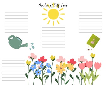 Puede incluir: Página de diario imprimible del jardín del amor propio con un sol, una regadera, semillas de flores y un dibujo lineal de flores. El texto "Jardín del amor propio" está en la parte superior de la página.