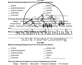 Puede incluir: Una hoja de trabajo en blanco y negro con el título "Mindfulness Walk" y "SUD & Trauma Counseling". La hoja de trabajo incluye una sección para calificar los sentimientos del 0 al 10 y una sección para marcar las sensaciones físicas.