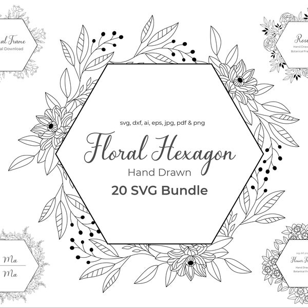 Floral Hexagon Frame SVG, Floral Hexagon SVG Bundle, Floral Frame Circle SVG, Floral Frame Silhouette, Floral Hexagon Frame Clipart, Digital