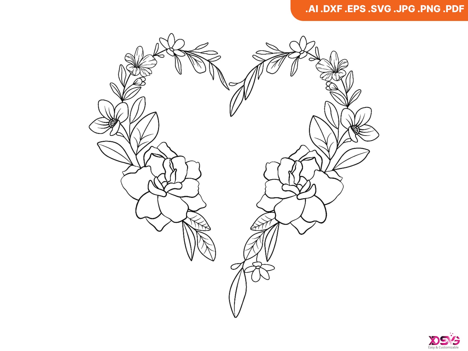 Floral Heart Wreath SVG, Hand Drawn Flower Frame SVG Bundle, Silhouette ...