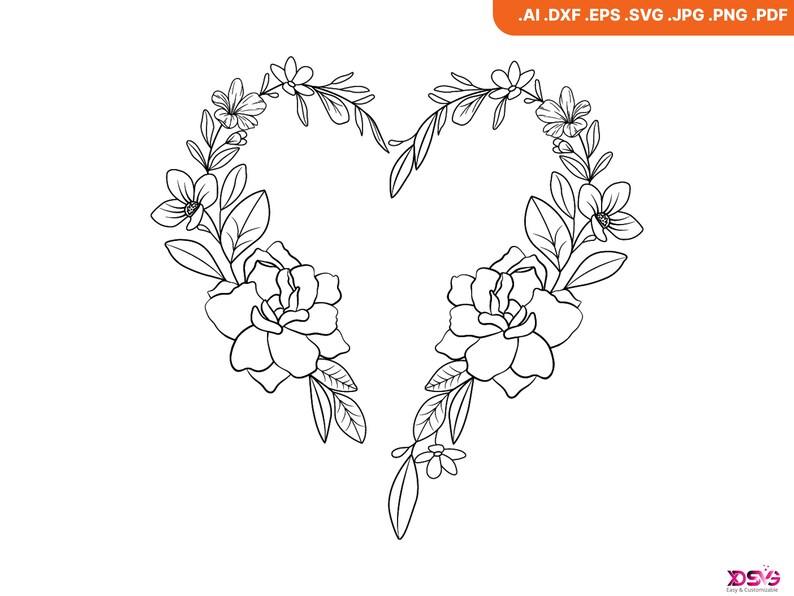 Floral Heart Wreath SVG, Hand Drawn Flower Frame SVG Bundle, Silhouette ...