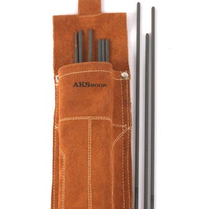 Leather Welding Rod Pouch | Handmade Welder Rod Holder,  A brown leather tool pouch with the text "AKSNOOR" and several dark gray rods. The pouch has white stitching and a silver-colored clasp. The rods are of varying lengths.