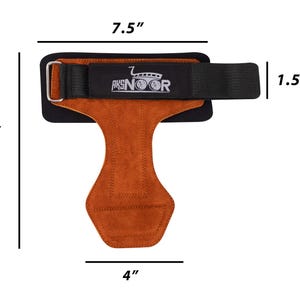 May include: Weightlifting grips with dimensions of 8" x 7.5" x 1.5" and a base of 4". The grips are made of brown leather with a black strap and the text "AKSNOOR". The grips are designed for weightlifting.
