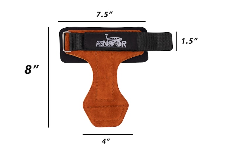 May include: Weightlifting grips with dimensions of 8" x 7.5" x 1.5" and a base of 4". The grips are made of brown leather with a black strap and the text "AKSNOOR". The grips are designed for weightlifting.