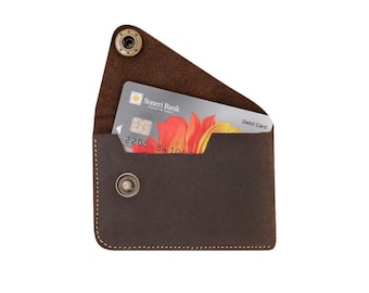 Handmade Full Grain Leather Minimalist Wallet: Slim Card Holder with Snap Flap