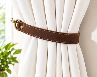 Leather Curtain Tie Backs Set of 2 with Metal Screw Hooks | MCM Curtains Tieback | Curtain Holdback | Christmas Gift | Handmade Tie back