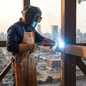 Leather Welding Rod Pouch | Handmade Welder Rod Holder, A construction worker welds metal beams on a high-rise building. The worker wears a welding helmet, leather gloves, and a brown apron. Bright sparks emanate from the welding torch, with a cityscape in the background.