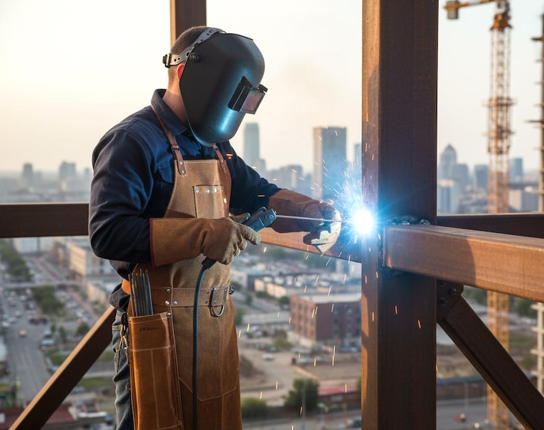 Leather Welding Rod Pouch | Handmade Welder Rod Holder, A construction worker welds metal beams on a high-rise building. The worker wears a welding helmet, leather gloves, and a brown apron. Bright sparks emanate from the welding torch, with a cityscape in the background.