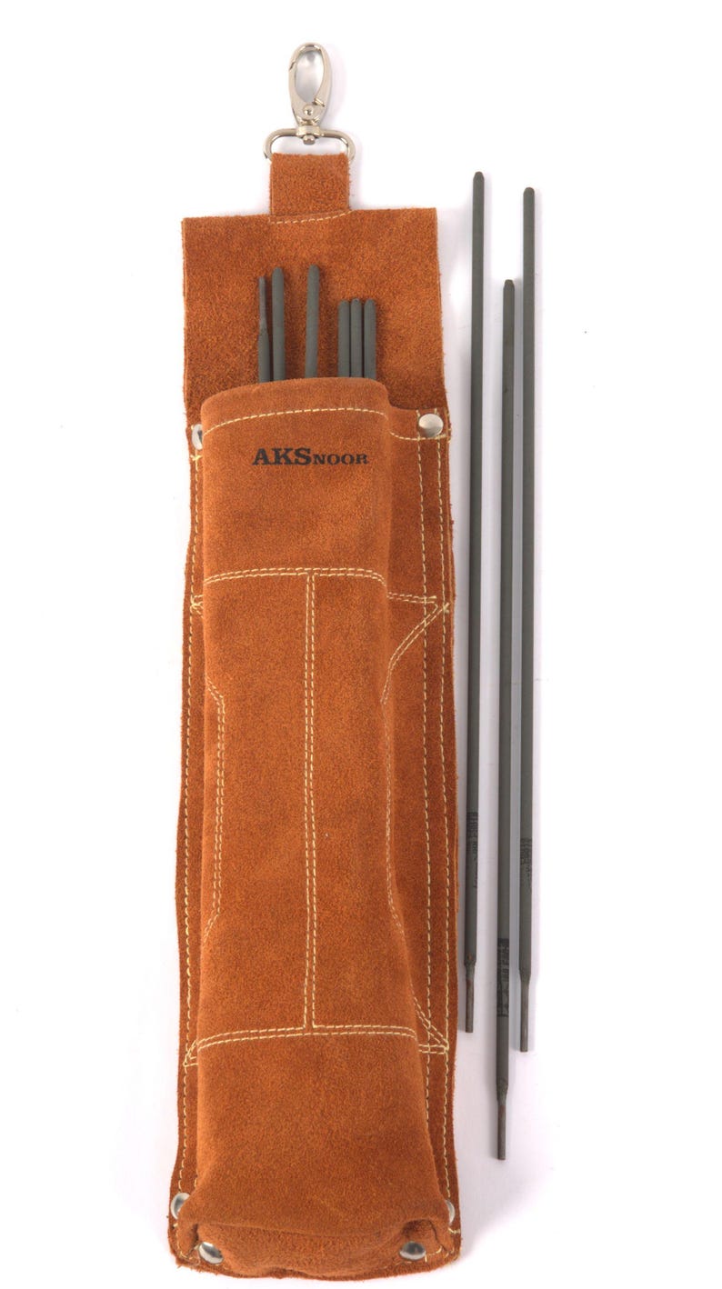 Leather Welding Rod Pouch | Handmade Welder Rod Holder,  A brown leather tool pouch with the text "AKSNOOR" and several dark gray rods. The pouch has white stitching and a silver-colored clasp. The rods are of varying lengths.