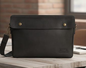 Handmade Full Grain Leather Messenger Bag: 14" Laptop Office Crossbody Bag