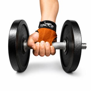 May include: A black dumbbell with a silver handle is held by a hand wearing a brown and black weightlifting glove. The glove has the text "AKENOOR" on the wrist strap. The dumbbell plates are black.