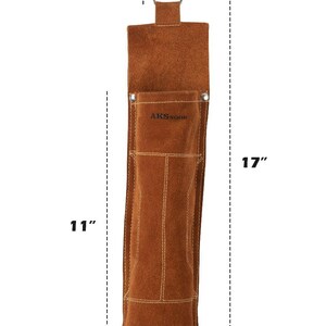 Leather Welding Rod Pouch | Handmade Welder Rod Holder,  A brown leather tool holder with a metal clip, measuring 17 inches long and 2 inches wide. The holder has a pocket with the text "AKSNOR" and is 11 inches in length. The item is designed to hold tools.