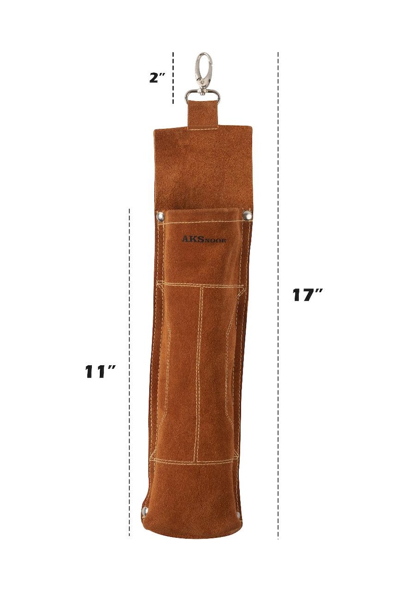 Leather Welding Rod Pouch | Handmade Welder Rod Holder,  A brown leather tool holder with a metal clip, measuring 17 inches long and 2 inches wide. The holder has a pocket with the text "AKSNOR" and is 11 inches in length. The item is designed to hold tools.