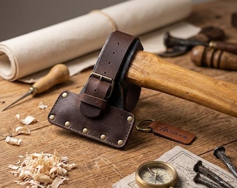 Leather Axe Sheath Adjustable Hatchet Head Cover | Brass Buckle Blade Protector | Camping Bushcraft Woodworking | Handmade USA Gift