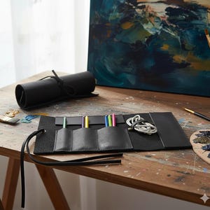 Full Grain Leather Pencil Roll: Rustic Artist Brush & Pen Case Holder