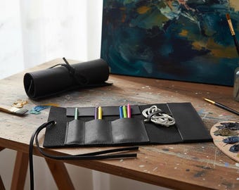 Full Grain Leather Pencil Roll: Rustic Artist Brush & Pen Case Holder