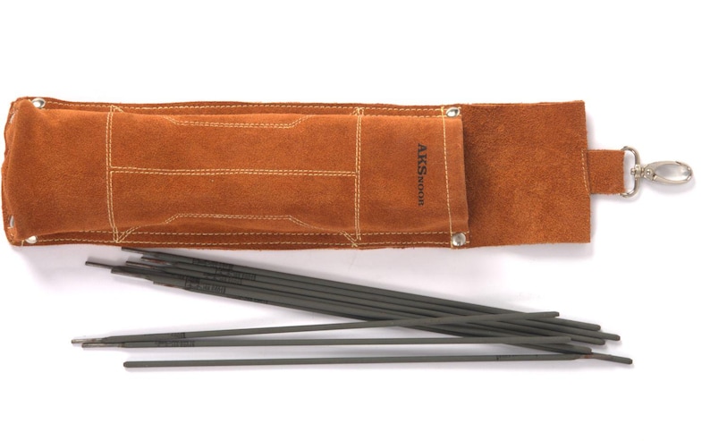 Leather Welding Rod Pouch | Handmade Welder Rod Holder a brown leather welding rod holder with the text "AKSNOOR" and a silver clasp. Several dark gray welding rods are fanned out in front of the holder. The holder is rectangular and has white stitching.