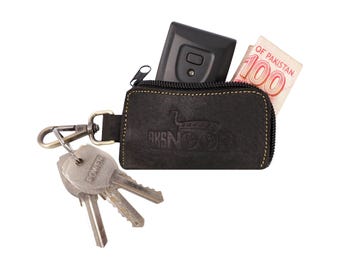 Handmade Leather Key Wallet: Zipper Pouch Organizer with Carabiner, Car Key Case