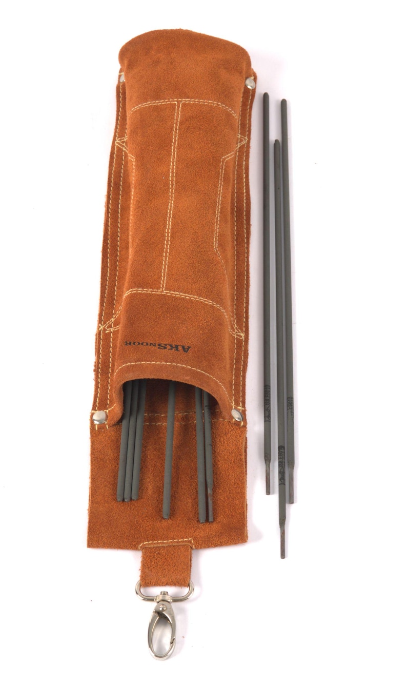 Leather Welding Rod Pouch | Handmade Welder Rod Holder brown leather tool pouch with a silver clasp, holding several dark gray welding rods. The pouch has the text "AKSNOOR" printed on it. The pouch is open, revealing the rods.