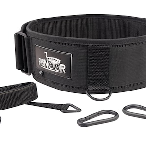 May include: Black weightlifting belt with the brand name "FKSNOOR" on a rectangular patch. Includes a strap, two carabiner clips, and two D-rings. The belt is made of a durable, textured material.