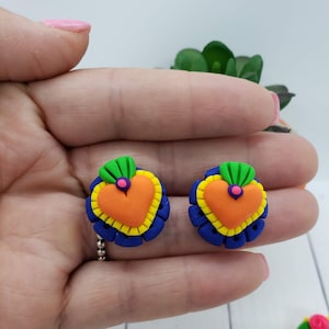 Blue and Orange Sacred Heart, Sagrado Corazon, Milagros, Mexican Folk-art,  Polymer Clay Earrings, Mexican Flower