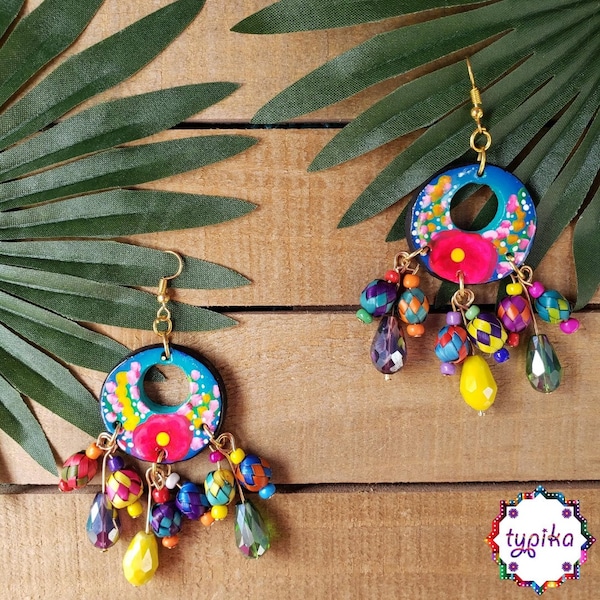 Blue Handmade Clay Earrings with hand painted clay, palm leaf beads and  beads.