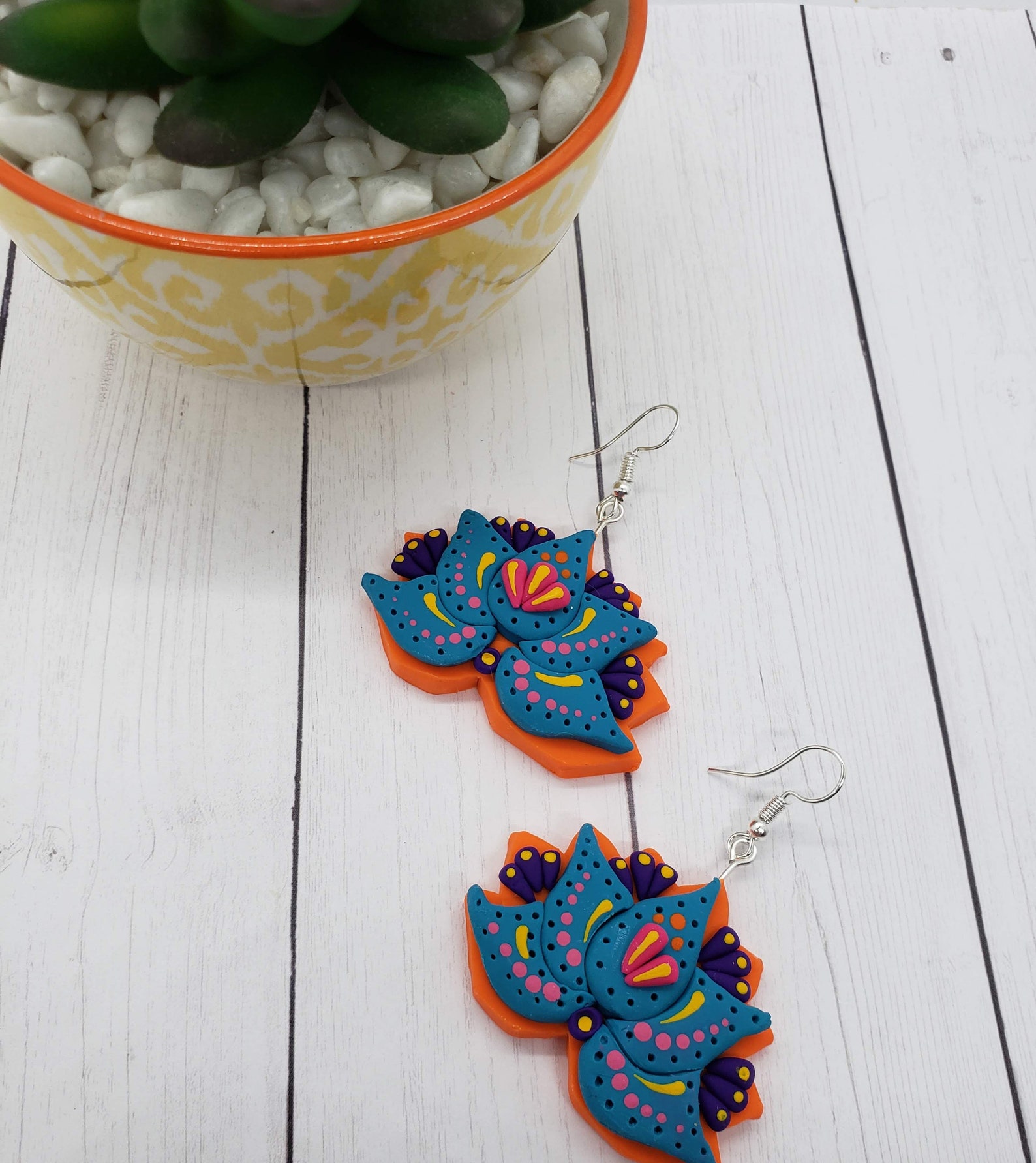 Orange and Blue Lotus Flower Yoga Earrings Healing