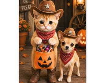 Funny Meowdy Partner Halloween (4" X 6") Card – Cute Cowboy Kitten & Chihuahua Trick or Treat Greeting Card