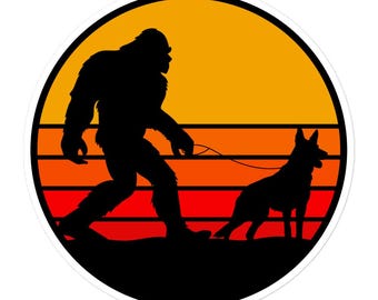 Retro Sunset Bigfoot Walking German Shepherd, German Shepherd Sticker, Bigfoot Sticker, Sasquatch Sticker, Dog Mom. Dog Dad, Dog Lover
