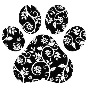 Black Floral Dog Paw Print, Transparent PNG (Digital Download)